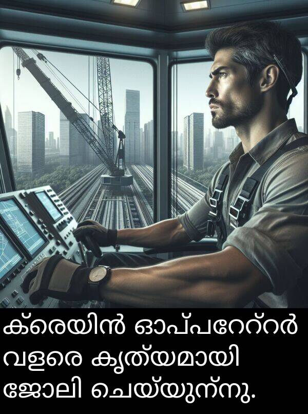 ചെയ്യുന്നു: ക്രെയിൻ ഓപ്പറേറ്റർ വളരെ കൃത്യമായി ജോലി ചെയ്യുന്നു.