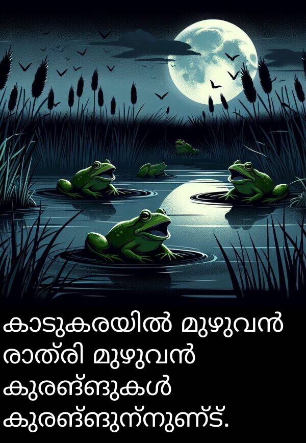 കുരങ്ങുന്നുണ്ട്: കാടുകരയിൽ മുഴുവൻ രാത്രി മുഴുവൻ കുരങ്ങുകൾ കുരങ്ങുന്നുണ്ട്.