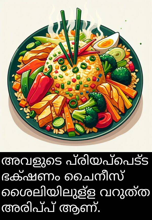 ചൈനീസ്: അവളുടെ പ്രിയപ്പെട്ട ഭക്ഷണം ചൈനീസ് ശൈലിയിലുള്ള വറുത്ത അരിപ്പ് ആണ്.