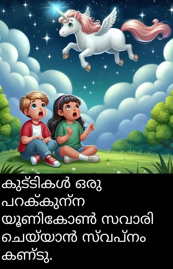 സ്വപ്നം: കുട്ടികൾ ഒരു പറക്കുന്ന യൂണികോൺ സവാരി ചെയ്യാൻ സ്വപ്നം കണ്ടു.