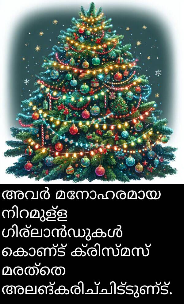 കൊണ്ട്: അവർ മനോഹരമായ നിറമുള്ള ഗിര്ലാൻഡുകൾ കൊണ്ട് ക്രിസ്മസ് മരത്തെ അലങ്കരിച്ചിട്ടുണ്ട്.