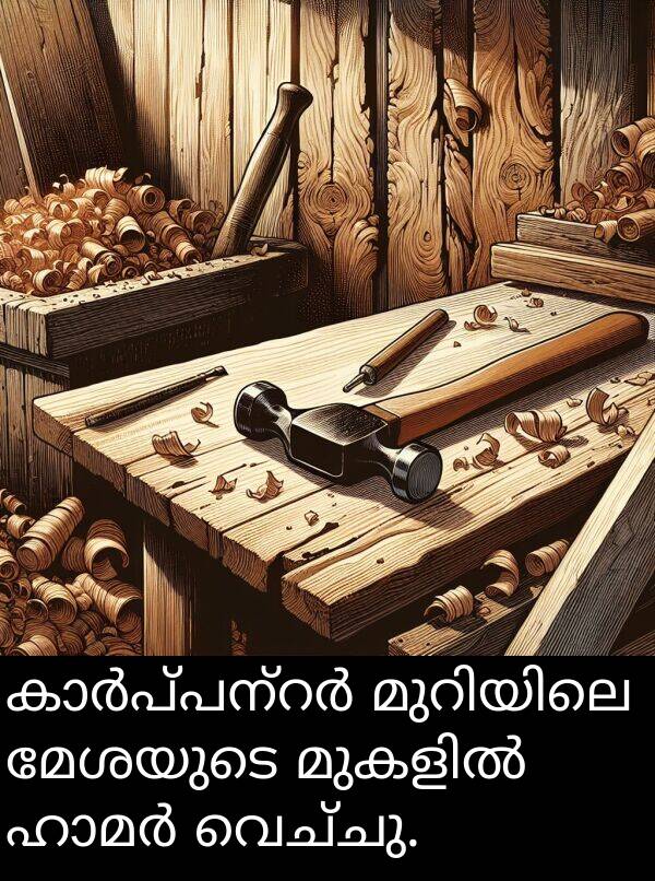 വെച്ചു: കാർപ്പന്റർ മുറിയിലെ മേശയുടെ മുകളിൽ ഹാമർ വെച്ചു.