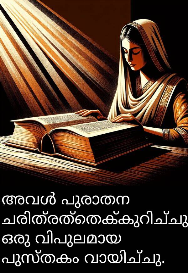 പുസ്തകം: അവൾ പുരാതന ചരിത്രത്തെക്കുറിച്ചുള്ള ഒരു വിപുലമായ പുസ്തകം വായിച്ചു.