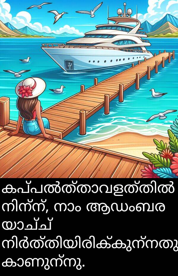 ആഡംബര: കപ്പൽത്താവളത്തിൽ നിന്ന്, നാം ആഡംബര യാച്ച് നിർത്തിയിരിക്കുന്നതു കാണുന്നു.