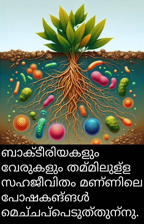 വേരുകളും: ബാക്ടീരിയകളും വേരുകളും തമ്മിലുള്ള സഹജീവിതം മണ്ണിലെ പോഷകങ്ങൾ മെച്ചപ്പെടുത്തുന്നു.