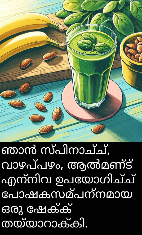 ഷേക്ക്: ഞാൻ സ്പിനാച്ച്, വാഴപ്പഴം, ആൽമണ്ട് എന്നിവ ഉപയോഗിച്ച് പോഷകസമ്പന്നമായ ഒരു ഷേക്ക് തയ്യാറാക്കി.