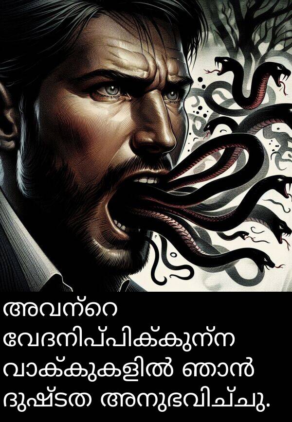 ദുഷ്ടത: അവന്റെ വേദനിപ്പിക്കുന്ന വാക്കുകളിൽ ഞാൻ ദുഷ്ടത അനുഭവിച്ചു.