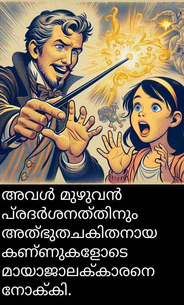 കണ്ണുകളോടെ: അവൾ മുഴുവൻ പ്രദർശനത്തിനും അത്ഭുതചകിതനായ കണ്ണുകളോടെ മായാജാലക്കാരനെ നോക്കി.
