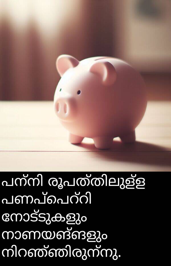 നോട്ടുകളും: പന്നി രൂപത്തിലുള്ള പണപ്പെറ്റി നോട്ടുകളും നാണയങ്ങളും നിറഞ്ഞിരുന്നു.