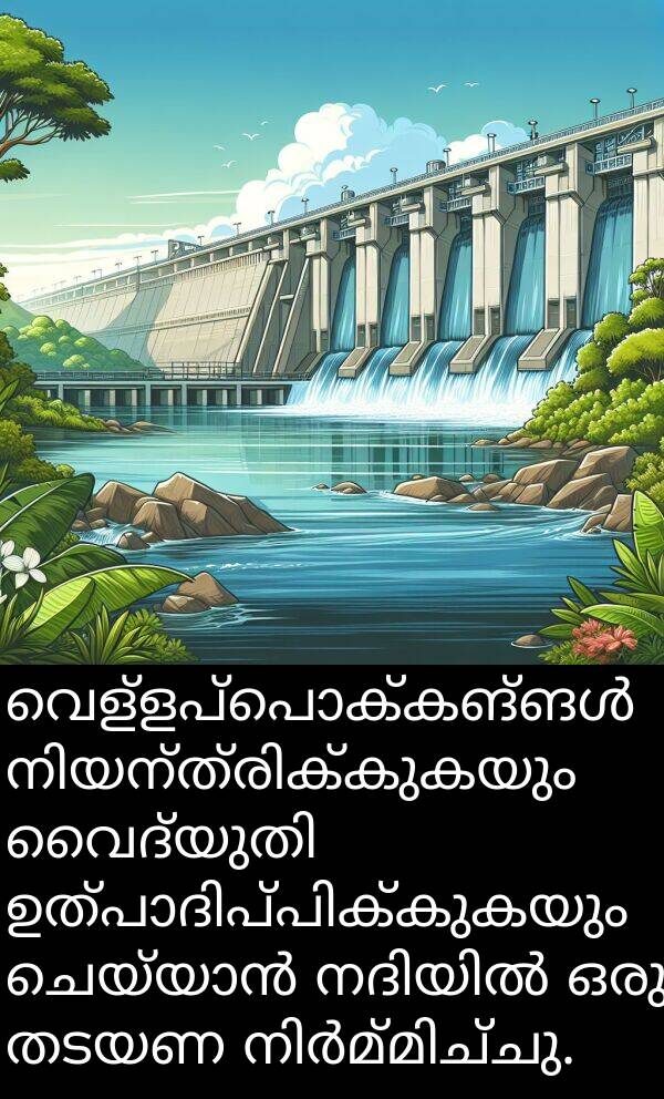 തടയണ: വെള്ളപ്പൊക്കങ്ങൾ നിയന്ത്രിക്കുകയും വൈദ്യുതി ഉത്പാദിപ്പിക്കുകയും ചെയ്യാൻ നദിയിൽ ഒരു തടയണ നിർമ്മിച്ചു.