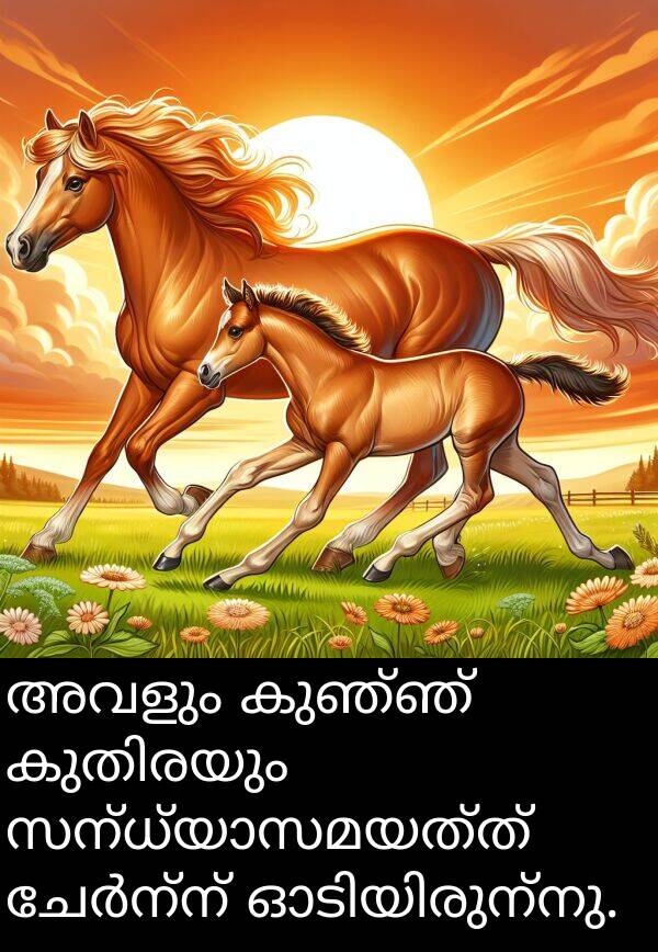 അവളും: അവളും കുഞ്ഞ് കുതിരയും സന്ധ്യാസമയത്ത് ചേർന്ന് ഓടിയിരുന്നു.