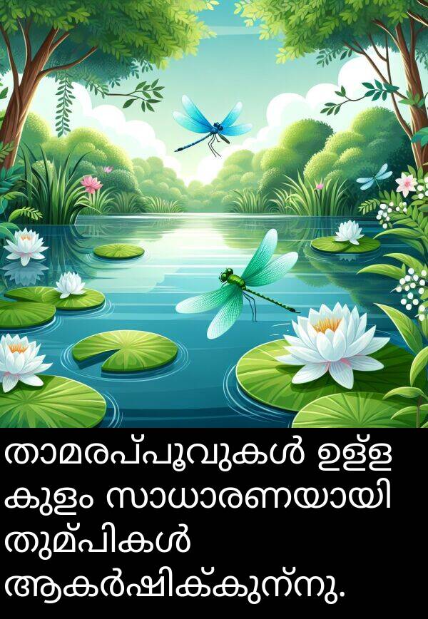 കുളം: താമരപ്പൂവുകൾ ഉള്ള കുളം സാധാരണയായി തുമ്പികൾ ആകർഷിക്കുന്നു.
