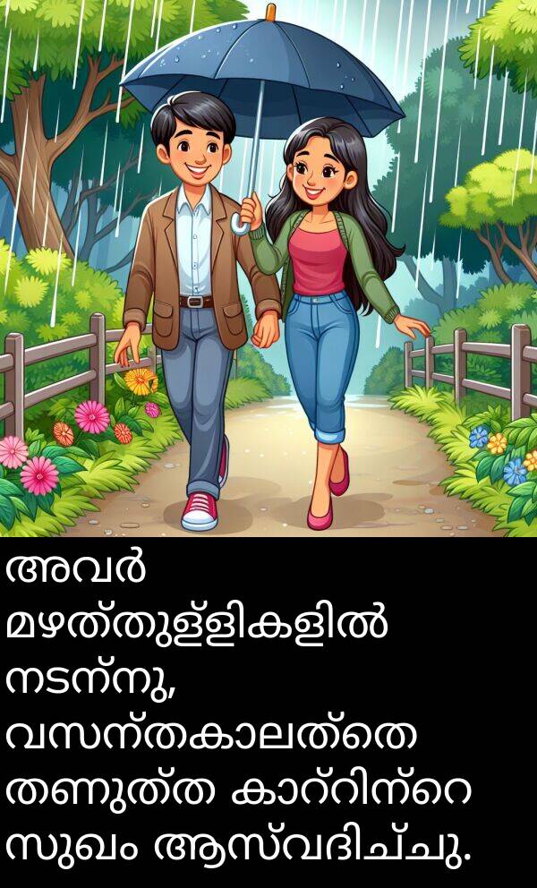 നടന്നു: അവർ മഴത്തുള്ളികളിൽ നടന്നു, വസന്തകാലത്തെ തണുത്ത കാറ്റിന്റെ സുഖം ആസ്വദിച്ചു.