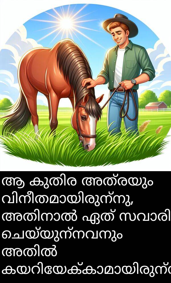 ചെയ്യുന്നവനും: ആ കുതിര അത്രയും വിനീതമായിരുന്നു, അതിനാൽ ഏത് സവാരി ചെയ്യുന്നവനും അതിൽ കയറിയേക്കാമായിരുന്നു.