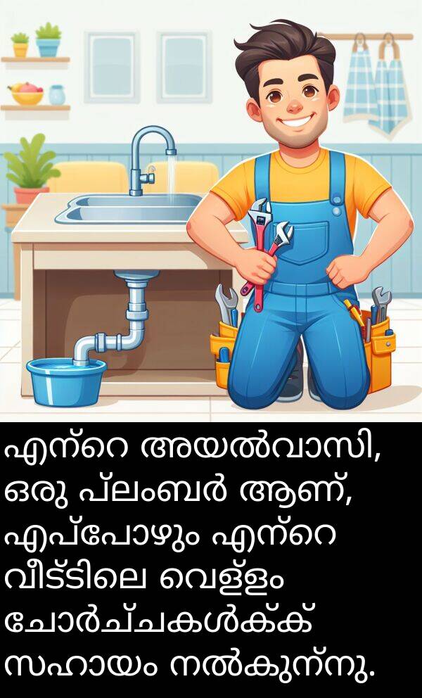 വെള്ളം: എന്റെ അയൽവാസി, ഒരു പ്ലംബർ ആണ്, എപ്പോഴും എന്റെ വീട്ടിലെ വെള്ളം ചോർച്ചകൾക്ക് സഹായം നൽകുന്നു.