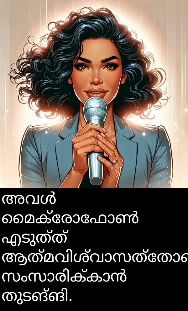 എടുത്ത്: അവൾ മൈക്രോഫോൺ എടുത്ത് ആത്മവിശ്വാസത്തോടെ സംസാരിക്കാൻ തുടങ്ങി.