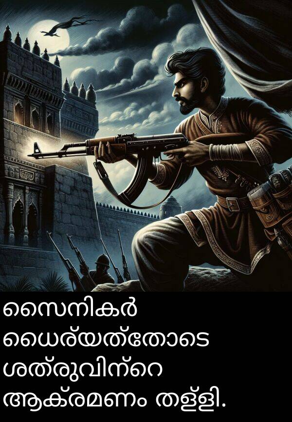 ആക്രമണം: സൈനികർ ധൈര്യത്തോടെ ശത്രുവിന്റെ ആക്രമണം തള്ളി.