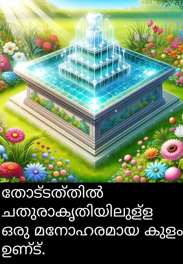 ഉണ്ട്: തോട്ടത്തിൽ ചതുരാകൃതിയിലുള്ള ഒരു മനോഹരമായ കുളം ഉണ്ട്.