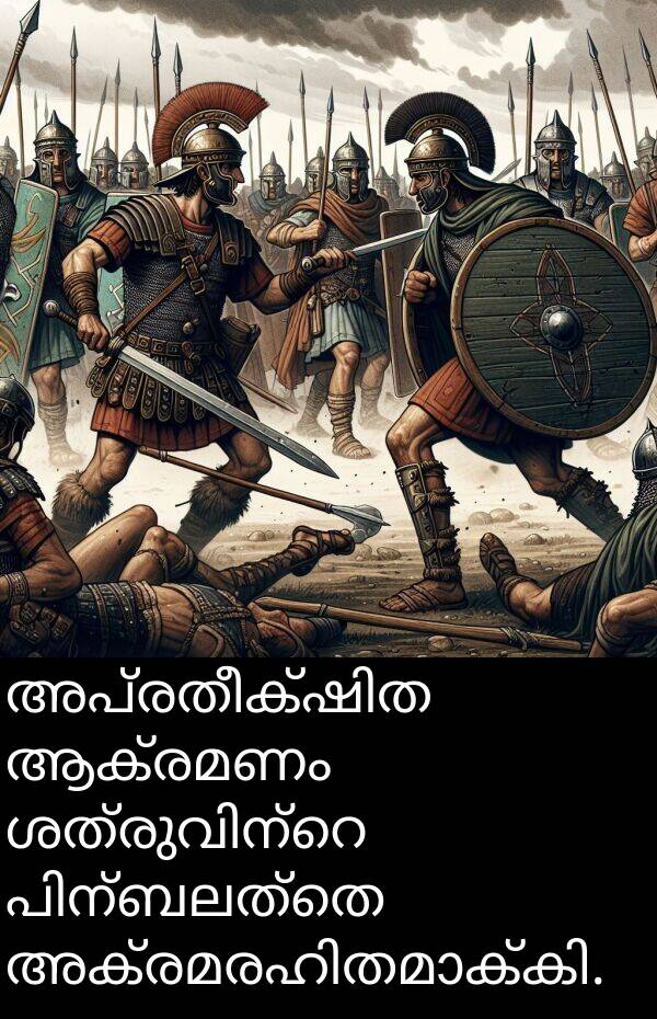 ആക്രമണം: അപ്രതീക്ഷിത ആക്രമണം ശത്രുവിന്റെ പിന്‍ബലത്തെ അക്രമരഹിതമാക്കി.