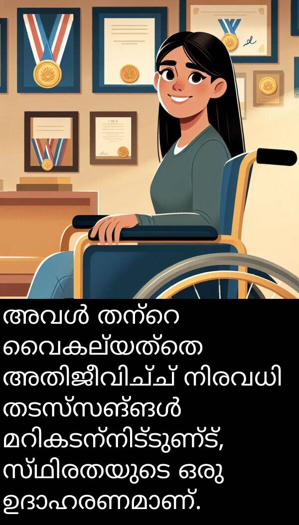 വൈകല്യത്തെ: അവൾ തന്റെ വൈകല്യത്തെ അതിജീവിച്ച് നിരവധി തടസ്സങ്ങൾ മറികടന്നിട്ടുണ്ട്, സ്ഥിരതയുടെ ഒരു ഉദാഹരണമാണ്.