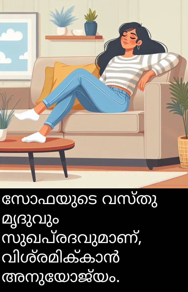മൃദുവും: സോഫയുടെ വസ്തു മൃദുവും സുഖപ്രദവുമാണ്, വിശ്രമിക്കാൻ അനുയോജ്യം.