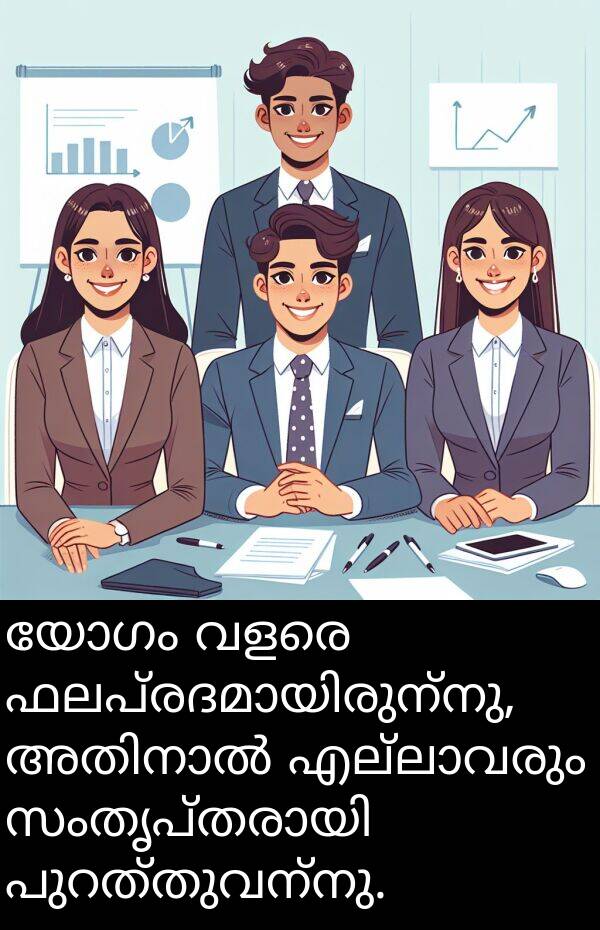 യോഗം: യോഗം വളരെ ഫലപ്രദമായിരുന്നു, അതിനാൽ എല്ലാവരും സംതൃപ്തരായി പുറത്തുവന്നു.