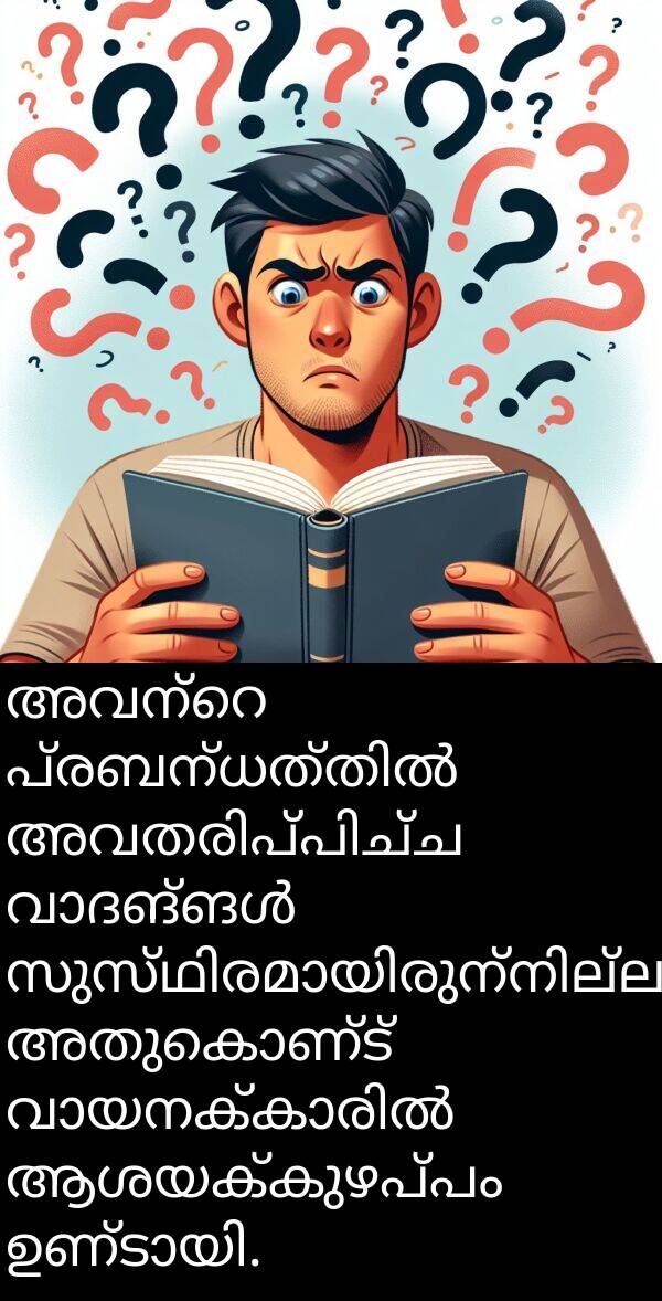 ആശയക്കുഴപ്പം: അവന്റെ പ്രബന്ധത്തിൽ അവതരിപ്പിച്ച വാദങ്ങൾ സുസ്ഥിരമായിരുന്നില്ല, അതുകൊണ്ട് വായനക്കാരിൽ ആശയക്കുഴപ്പം ഉണ്ടായി.