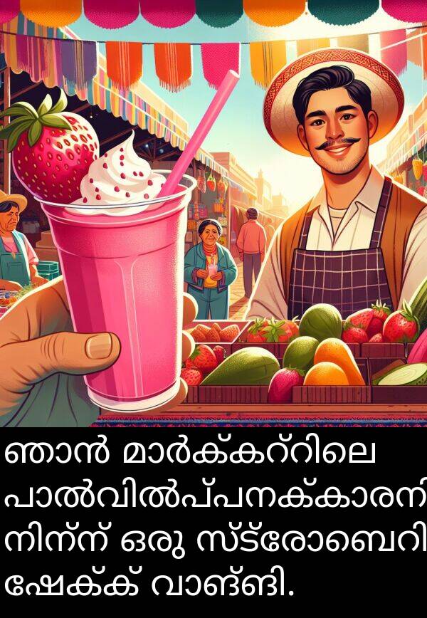 ഷേക്ക്: ഞാൻ മാർക്കറ്റിലെ പാൽവിൽപ്പനക്കാരനിൽ നിന്ന് ഒരു സ്ട്രോബെറി ഷേക്ക് വാങ്ങി.