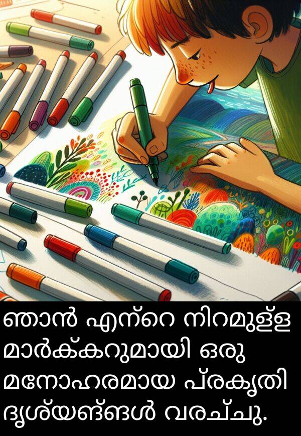 വരച്ചു: ഞാൻ എന്റെ നിറമുള്ള മാർക്കറുമായി ഒരു മനോഹരമായ പ്രകൃതി ദൃശ്യങ്ങൾ വരച്ചു.