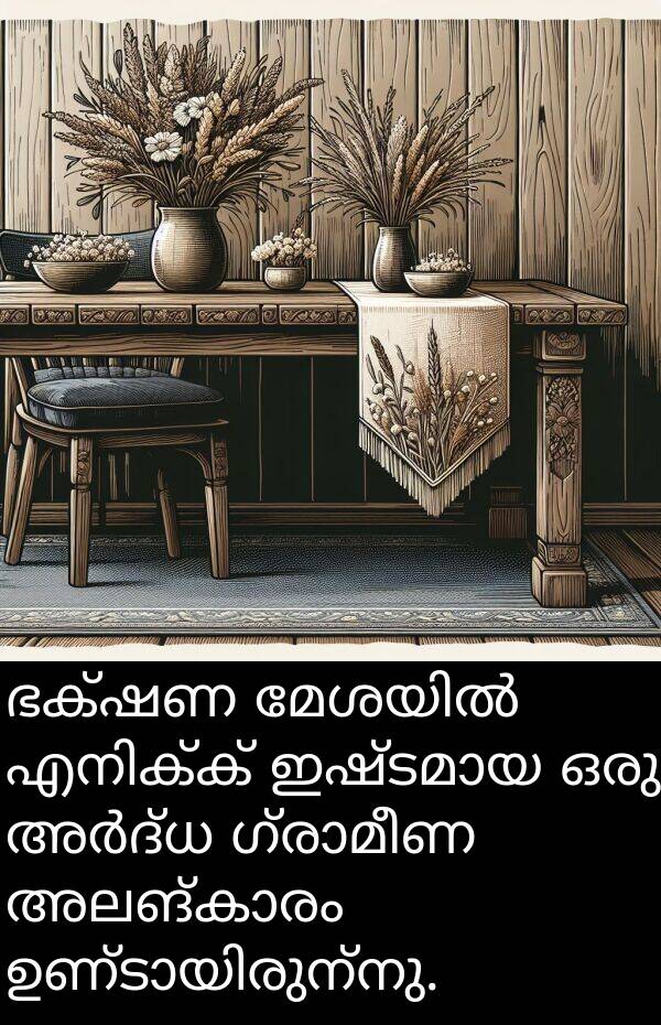ഭക്ഷണ: ഭക്ഷണ മേശയിൽ എനിക്ക് ഇഷ്ടമായ ഒരു അർദ്ധ ഗ്രാമീണ അലങ്കാരം ഉണ്ടായിരുന്നു.