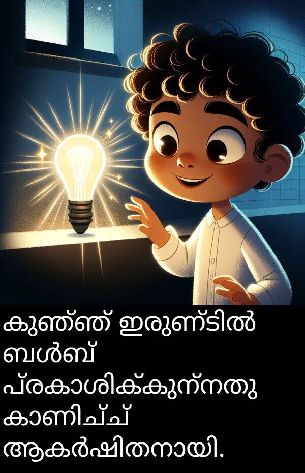കുഞ്ഞ്: കുഞ്ഞ് ഇരുണ്ടിൽ ബൾബ് പ്രകാശിക്കുന്നതു കാണിച്ച് ആകർഷിതനായി.