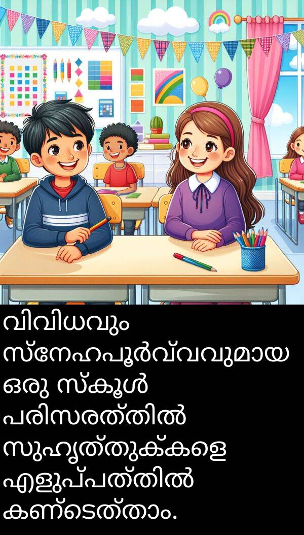 സുഹൃത്തുക്കളെ: വിവിധവും സ്നേഹപൂർവ്വവുമായ ഒരു സ്കൂൾ പരിസരത്തിൽ സുഹൃത്തുക്കളെ എളുപ്പത്തിൽ കണ്ടെത്താം.