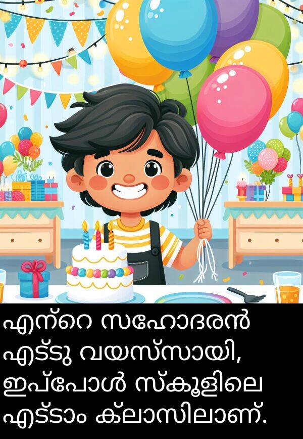 എട്ടു: എന്റെ സഹോദരൻ എട്ടു വയസ്സായി, ഇപ്പോൾ സ്കൂളിലെ എട്ടാം ക്ലാസിലാണ്.