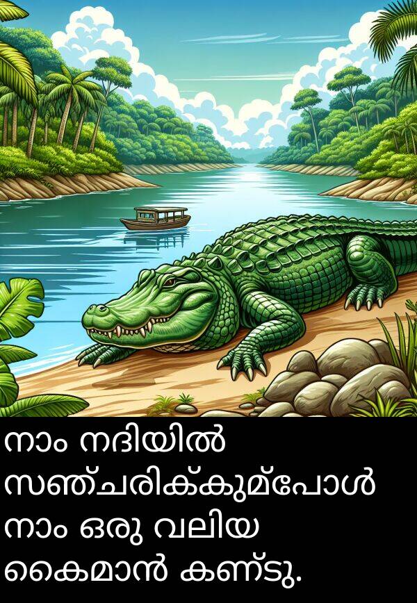കണ്ടു: നാം നദിയിൽ സഞ്ചരിക്കുമ്പോൾ നാം ഒരു വലിയ കൈമാൻ കണ്ടു.