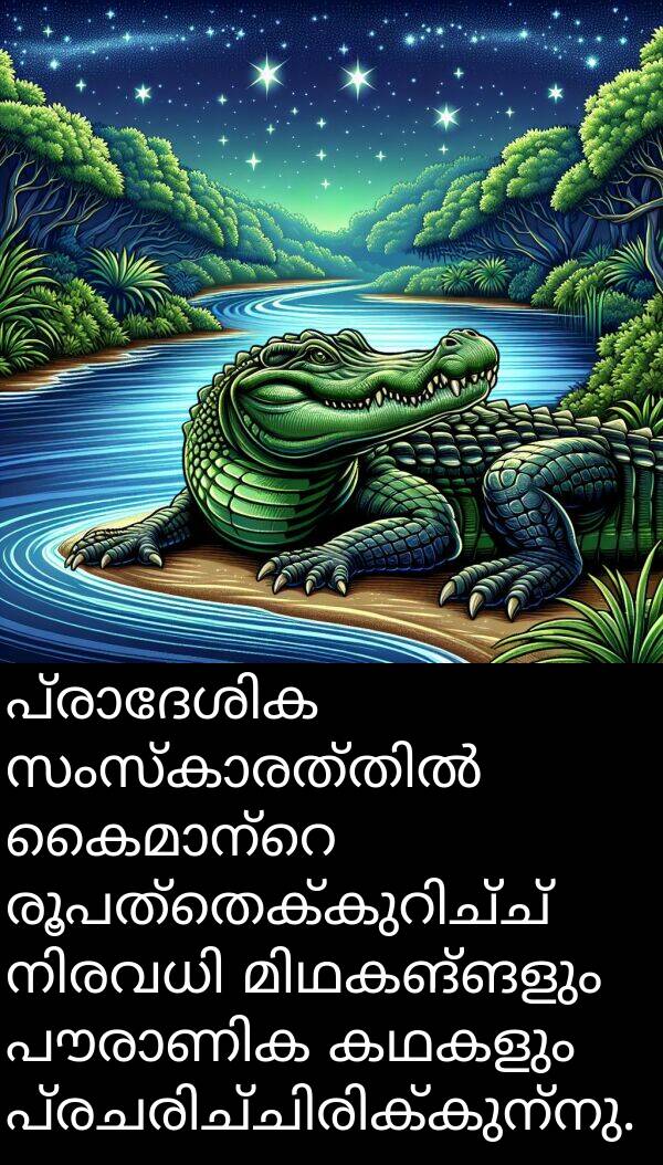 കഥകളും: പ്രാദേശിക സംസ്കാരത്തിൽ കൈമാന്റെ രൂപത്തെക്കുറിച്ച് നിരവധി മിഥകങ്ങളും പൗരാണിക കഥകളും പ്രചരിച്ചിരിക്കുന്നു.
