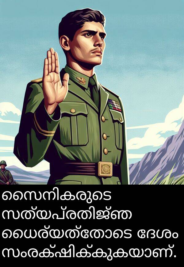 ധൈര്യത്തോടെ: സൈനികരുടെ സത്യപ്രതിജ്ഞ ധൈര്യത്തോടെ ദേശം സംരക്ഷിക്കുകയാണ്.