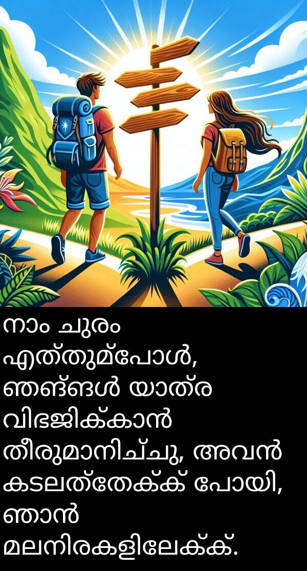 ചുരം: നാം ചുരം എത്തുമ്പോൾ, ഞങ്ങൾ യാത്ര വിഭജിക്കാൻ തീരുമാനിച്ചു, അവൻ കടലത്തേക്ക് പോയി, ഞാൻ മലനിരകളിലേക്ക്.