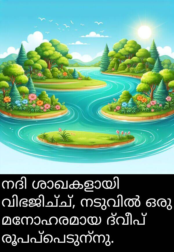 രൂപപ്പെടുന്നു: നദി ശാഖകളായി വിഭജിച്ച്, നടുവിൽ ഒരു മനോഹരമായ ദ്വീപ് രൂപപ്പെടുന്നു.