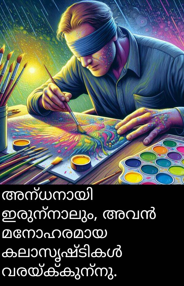 വരയ്ക്കുന്നു: അന്ധനായി ഇരുന്നാലും, അവൻ മനോഹരമായ കലാസൃഷ്ടികൾ വരയ്ക്കുന്നു.