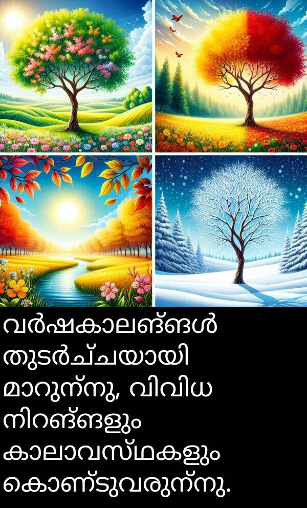കൊണ്ടുവരുന്നു: വർഷകാലങ്ങൾ തുടർച്ചയായി മാറുന്നു, വിവിധ നിറങ്ങളും കാലാവസ്ഥകളും കൊണ്ടുവരുന്നു.