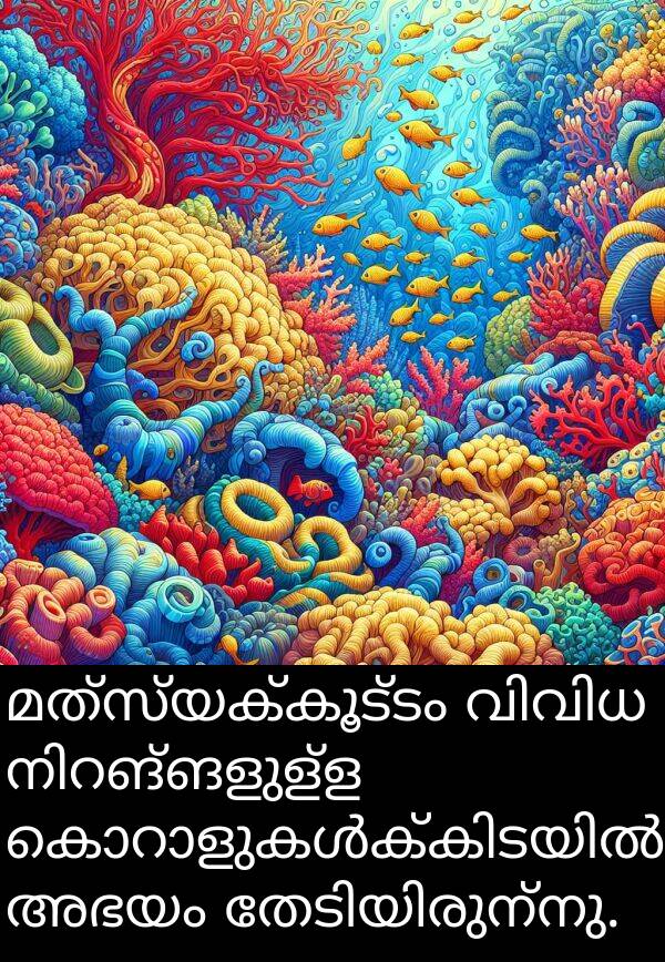 മത്സ്യക്കൂട്ടം: മത്സ്യക്കൂട്ടം വിവിധ നിറങ്ങളുള്ള കൊറാളുകൾക്കിടയിൽ അഭയം തേടിയിരുന്നു.