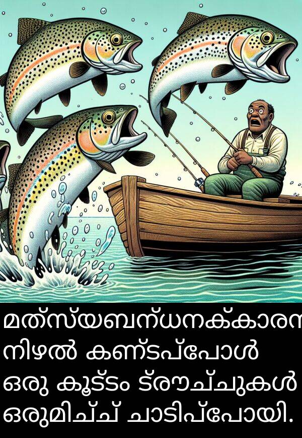 കൂട്ടം: മത്സ്യബന്ധനക്കാരന്റെ നിഴൽ കണ്ടപ്പോൾ ഒരു കൂട്ടം ട്രൗച്ചുകൾ ഒരുമിച്ച് ചാടിപ്പോയി.