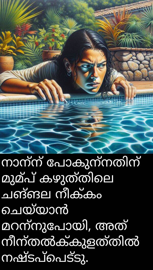 നഷ്ടപ്പെട്ടു: നാന്ന് പോകുന്നതിന് മുമ്പ് കഴുത്തിലെ ചങ്ങല നീക്കം ചെയ്യാൻ മറന്നുപോയി, അത് നീന്തൽക്കുളത്തിൽ നഷ്ടപ്പെട്ടു.