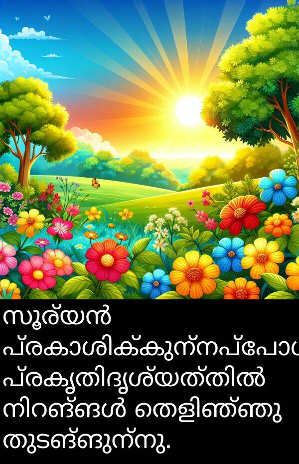 തുടങ്ങുന്നു: സൂര്യൻ പ്രകാശിക്കുന്നപ്പോൾ, പ്രകൃതിദൃശ്യത്തിൽ നിറങ്ങൾ തെളിഞ്ഞു തുടങ്ങുന്നു.