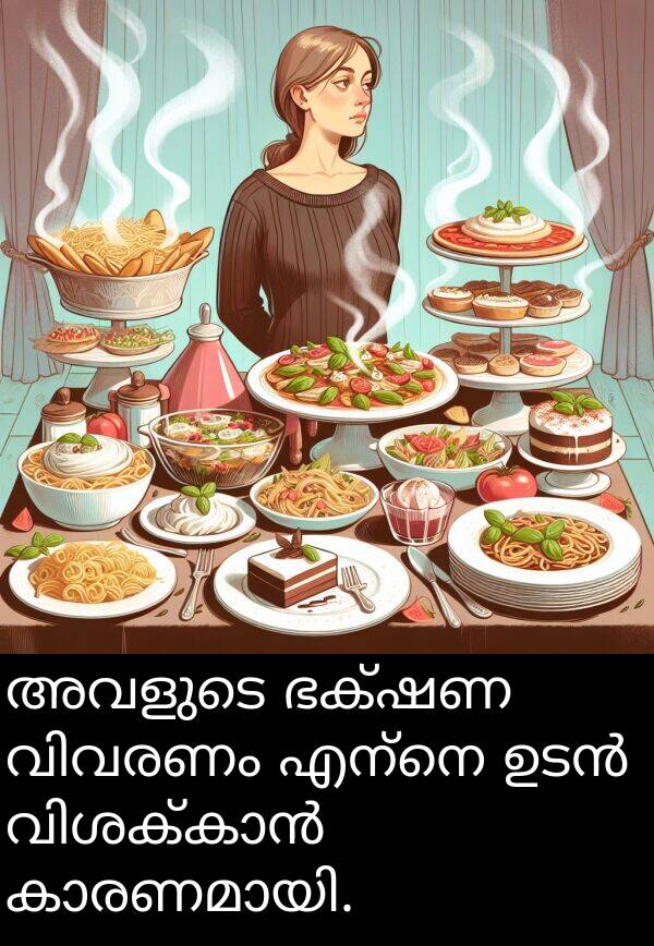 ഭക്ഷണ: അവളുടെ ഭക്ഷണ വിവരണം എന്നെ ഉടൻ വിശക്കാൻ കാരണമായി.