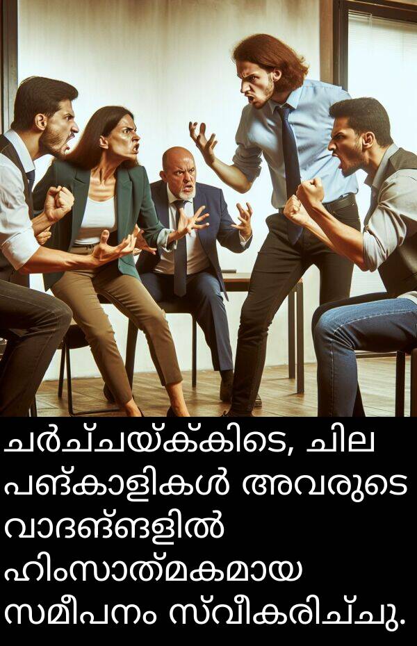 സമീപനം: ചർച്ചയ്ക്കിടെ, ചില പങ്കാളികൾ അവരുടെ വാദങ്ങളിൽ ഹിംസാത്മകമായ സമീപനം സ്വീകരിച്ചു.