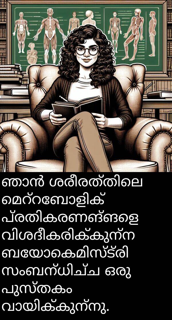 പുസ്തകം: ഞാൻ ശരീരത്തിലെ മെറ്റബോളിക് പ്രതികരണങ്ങളെ വിശദീകരിക്കുന്ന ബയോകെമിസ്ട്രി സംബന്ധിച്ച ഒരു പുസ്തകം വായിക്കുന്നു.