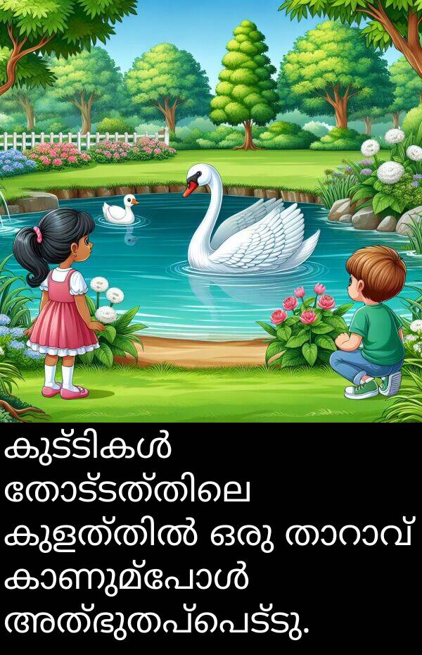 അത്ഭുതപ്പെട്ടു: കുട്ടികൾ തോട്ടത്തിലെ കുളത്തിൽ ഒരു താറാവ് കാണുമ്പോൾ അത്ഭുതപ്പെട്ടു.