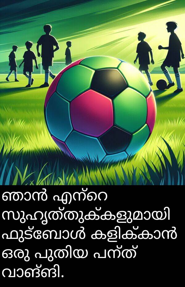 പന്ത്: ഞാൻ എന്റെ സുഹൃത്തുക്കളുമായി ഫുട്ബോൾ കളിക്കാൻ ഒരു പുതിയ പന്ത് വാങ്ങി.