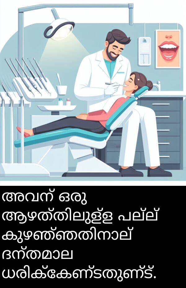 പല്ല്: അവന്‍ ഒരു ആഴത്തിലുള്ള പല്ല് കുഴഞ്ഞതിനാല്‍ ദന്തമാല ധരിക്കേണ്ടതുണ്ട്.